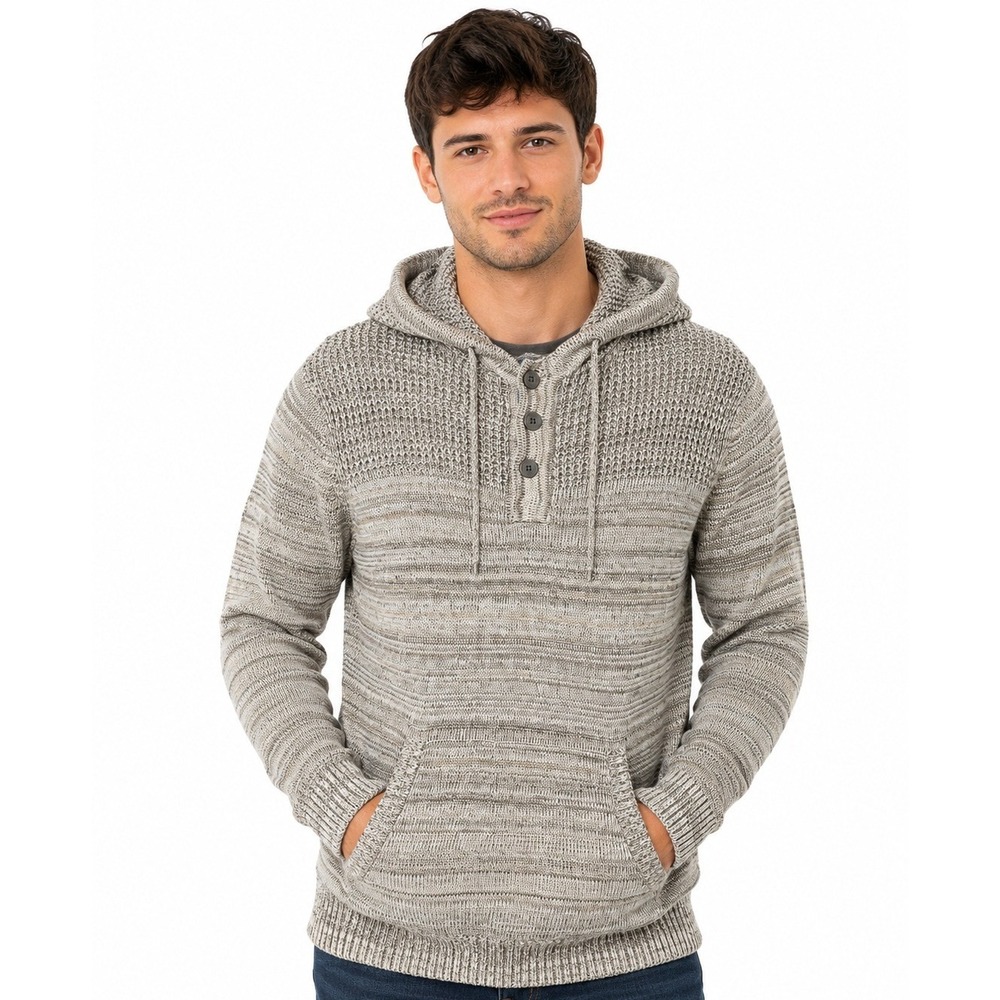 Commerce Hooded Henley Pullover Mens Size L Cream Heather Tan Space Dye Sweater